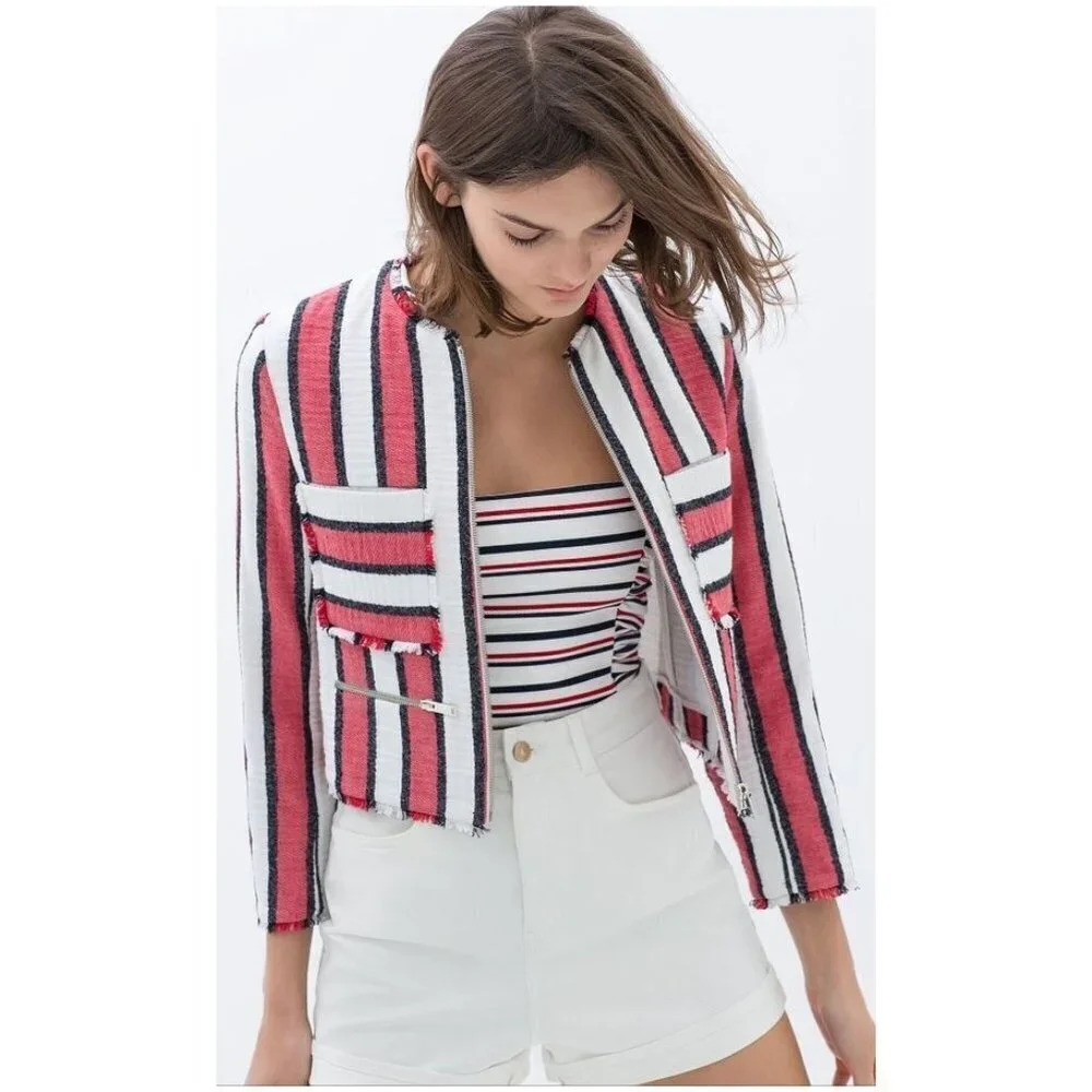 ZARA Frayed Striped Full Zip Jacket